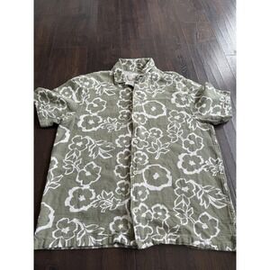 Folk Shirt Mens Large Floral Button Up‎ Short Sleeve Casual 100% Cotton Green